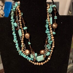 Turquoise and Bronze Multi-Strand Necklace with genuine Pearls, faux turquoise